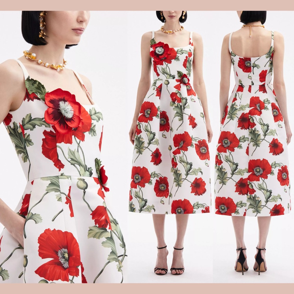 NWD $6000 Oscar de la Renta [ 10 ] Poppies Floral Scoop‎ Midi Dress White Red